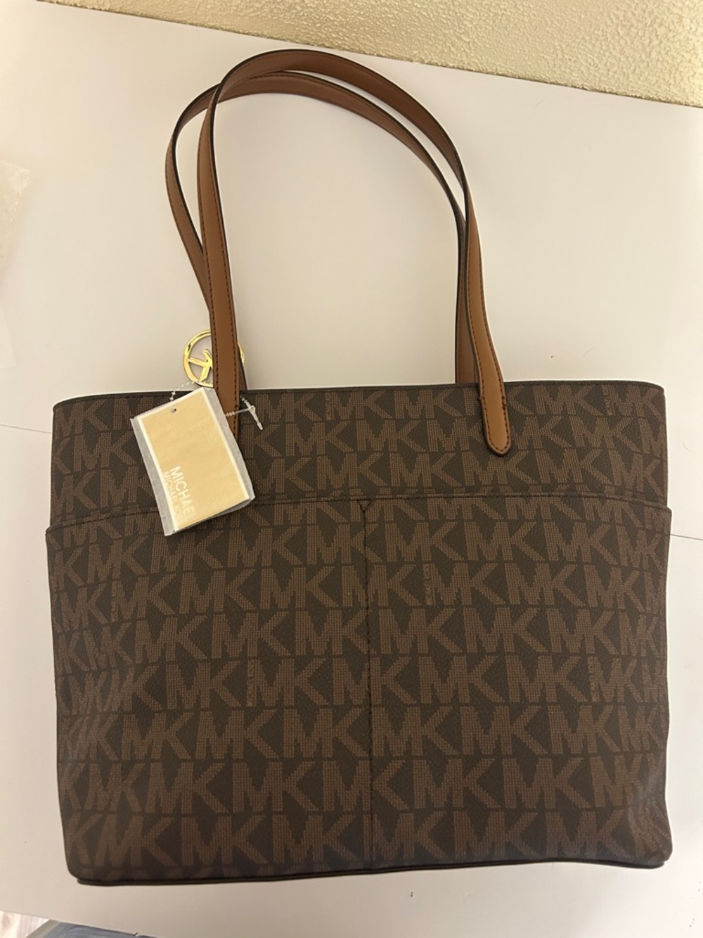 Michael Kors Brown Monogram Tote with Gold MK Charm - Picture 2 of 12
